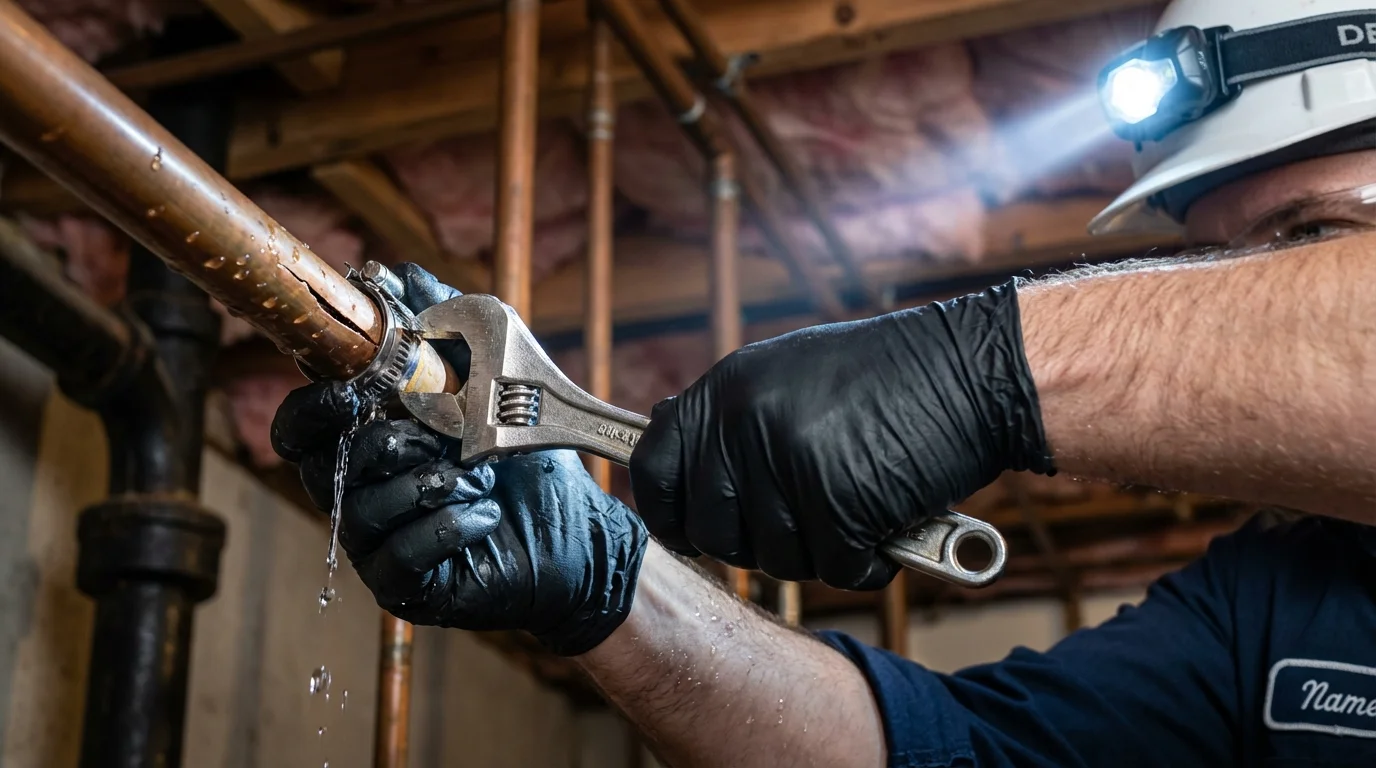 Emergency pipe clamp repair being performed by a Johns Plumbing LLC plumber in Guymon