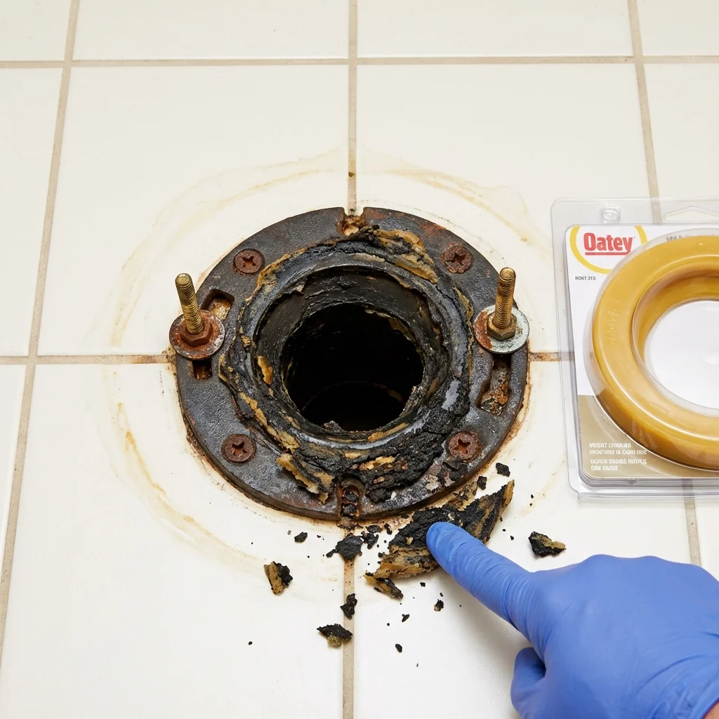 Failed wax ring showing water seepage at the base of a toilet in a Guymon, OK home