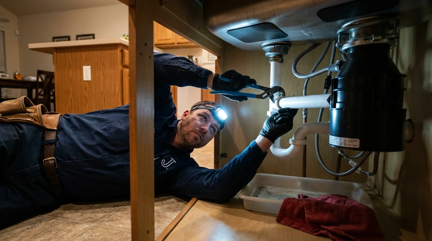 P-trap and supply line connections under a kitchen sink showing a common leak point in Guymon, OK